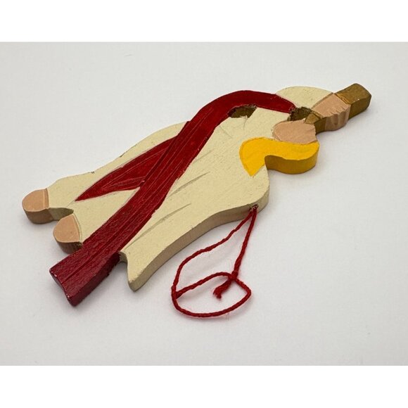 Vintage Wooden Angel Christmas Tree Ornament with Trumpet Horn & Red Sash - Picture 6 of 7